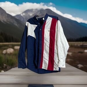 Vintage 90s NWOT Wrangler Mens Medium USA Flag Stars Stripes Button Down Shirt